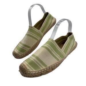 Tory Burch Striped Espadrille Slip-On Flats Green Ivory Canvas Jute Women’s 10